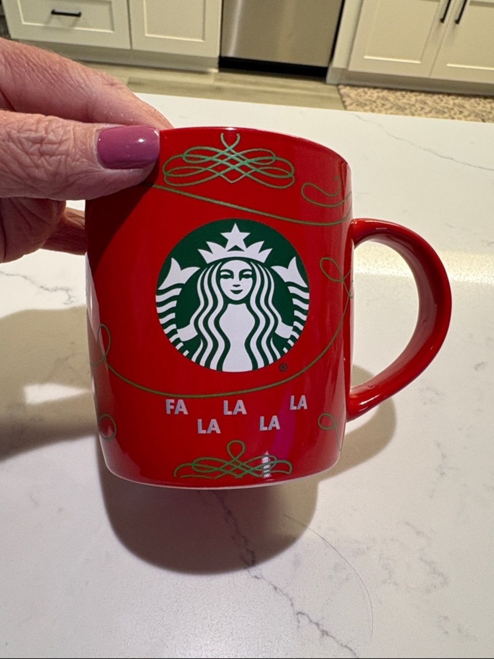 Starbucks Red Ceramic Holiday Mug with Green Logo and Gold Accents